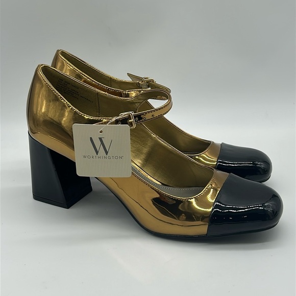 2526- Worthington Larcie Gold & Black Mary Jane Block Heels Size 7M NWT - Picture 2 of 11